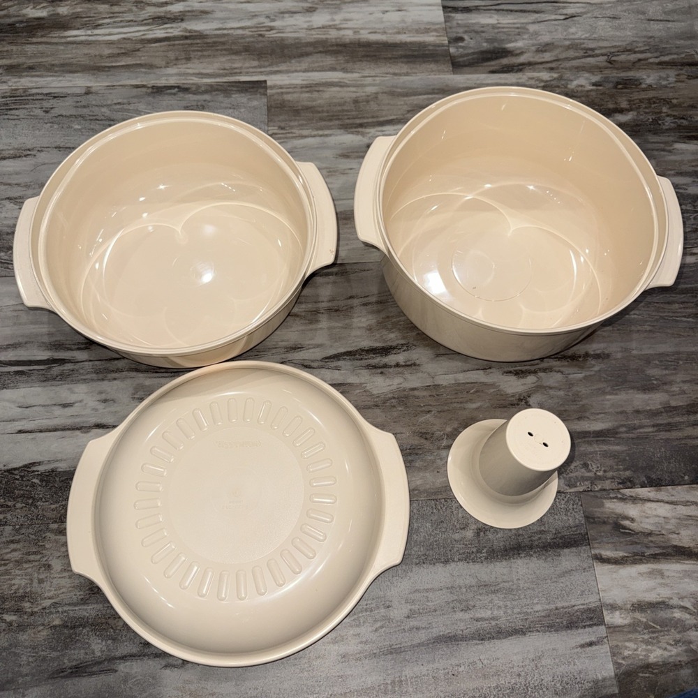 Tupperware 4 Pc Microwave Stack Cooker Lid Almond 2 Bowl Casserole